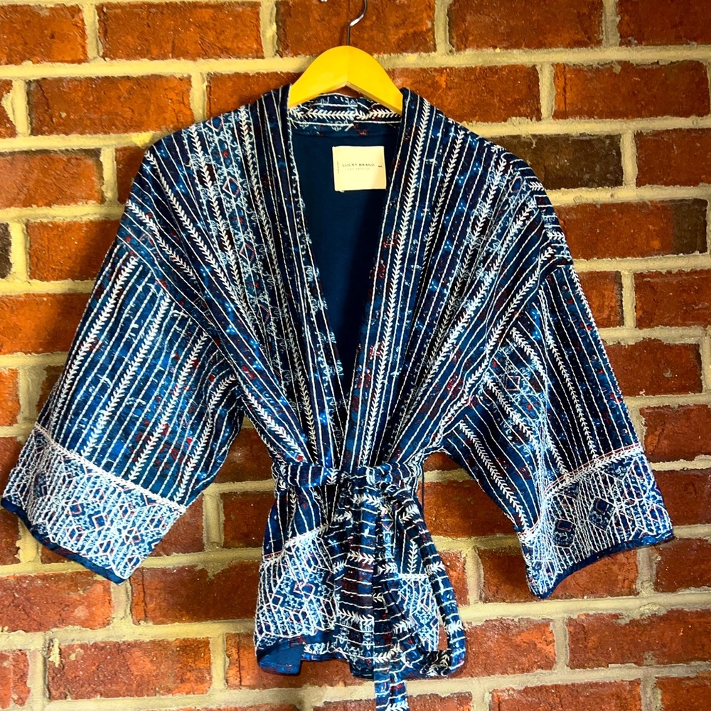 Lucky Brand Denim chambray, red and white kimono style belted coat